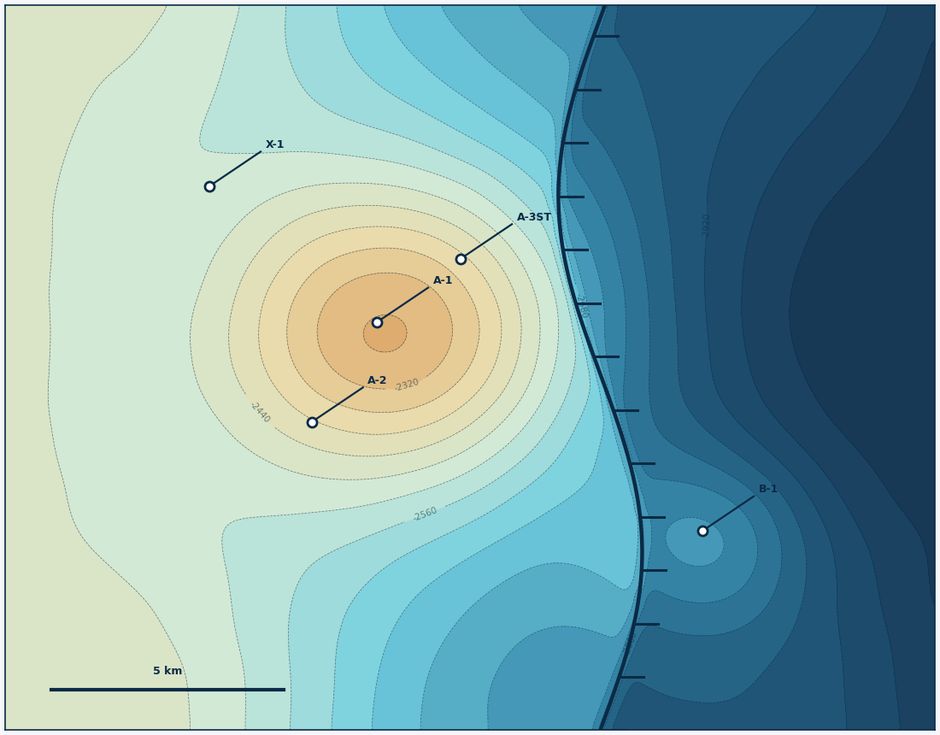 Depth structure map with contours, a bounding fault and interpreted well locations